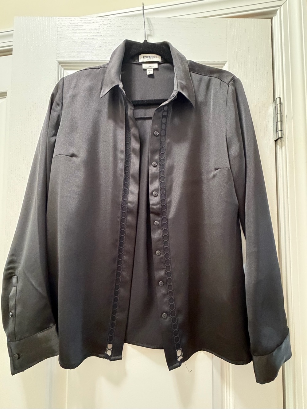 Express Black Satin Button-Front Shirt with Trim